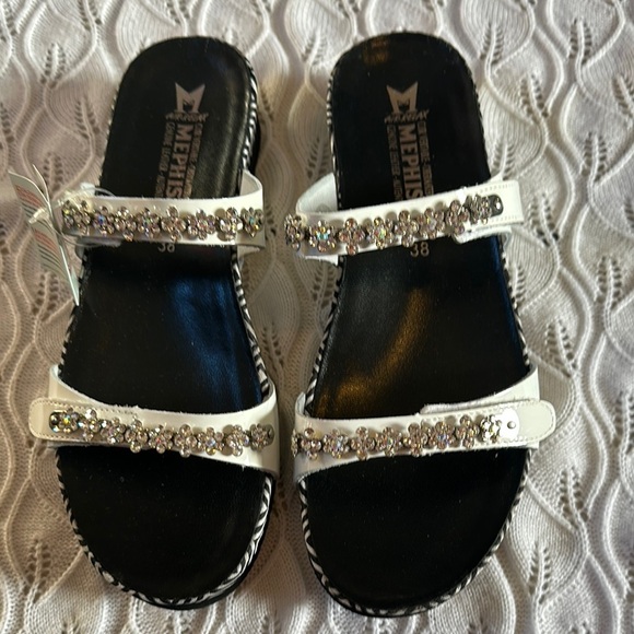 Mephisto Black and White Sandals with Textured Straps - Picture 1 of 7